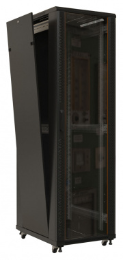 Шкаф коммутационный Hyperline (TTB-3268-AS-RAL9004) напольный 32U 600x800мм пер.дв.стекл задн.дв.спл.стал.лист 2 бок.пан. 800кг черный 710мм 1610мм IP20 сталь