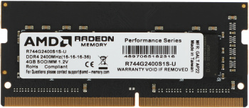 Память DDR4 4Gb 2400MHz AMD  R744G2400S1S-U