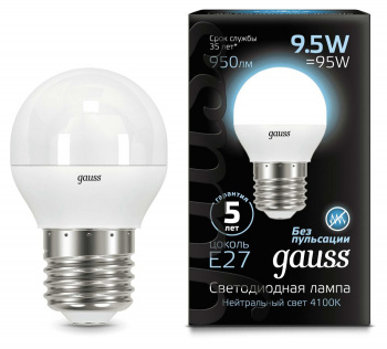 Лампа светодиодная Gauss 9.5Вт цок.:E27 шар 220B св.свеч.бел.нейт. P45 (упак.:10шт) (105102210)