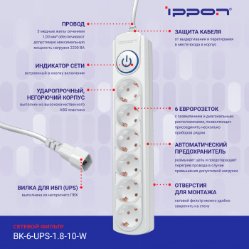 Сетевой фильтр Ippon BK-6-UPS-1.8-10-W