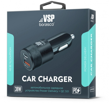 Автомобильное зар./устр. BoraSCO 38W 3A (PD+QC) USB/USB Type-C универсальное черный (50760)