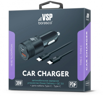 Автомобильное зар./устр. BoraSCO 38W 3A (PD+QC) USB/USB Type-C универсальное черный (50762)