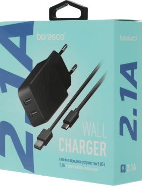 Сетевое зар./устр. BoraSCO 2.1A 2xUSB универсальное черный (20649)