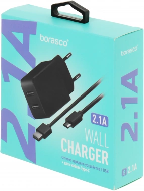 Сетевое зар./устр. BoraSCO 2.1A 2xUSB универсальное черный (20652)
