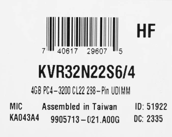 Память DDR4 4Gb 3200MHz Kingston  KVR32N22S6/4