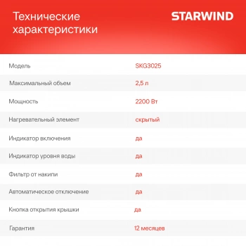 Чайник электрический Starwind SKG3025
