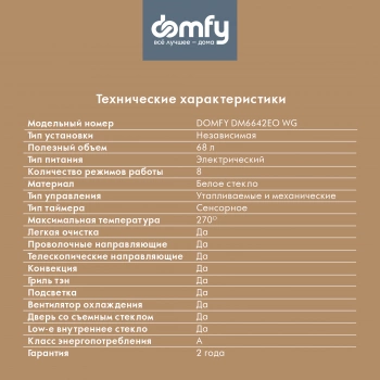 Духовой шкаф Электрический Domfy DM6642EO WG