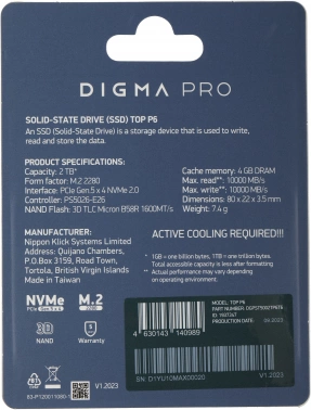 Накопитель SSD Digma Pro PCIe 5.0 x4 2000GB DGPST5002TP6T6