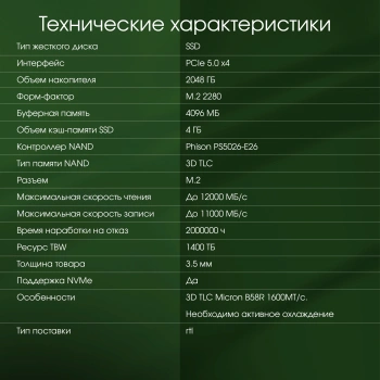 Накопитель SSD Digma Pro PCIe 5.0 x4 2000GB DGPST5002TP6T4