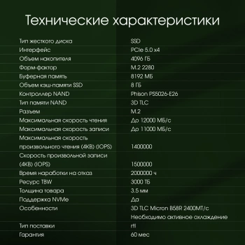 Накопитель SSD Digma Pro PCIe 5.0 x4 4TB DGPST5004TP6T4