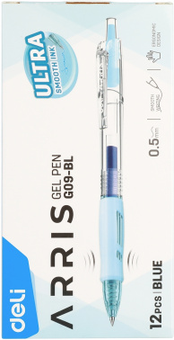 Набор ручек гелев. автоматическая Deli Arris (EG09-BL-P) прозрачный/голубой син. черн. кор.карт. (12шт) линия 0.7мм резин. манжета