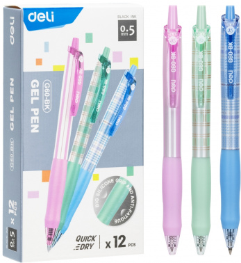 Набор ручек гелев. автоматическая Deli (EG60-BK-P) ассорти черн. черн. кор.карт. (12шт) линия 0.5мм резин. манжета