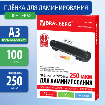 Пленка для ламинирования Brauberg 250мкм A3 (100шт) глянцевая 425x303мм  531779
