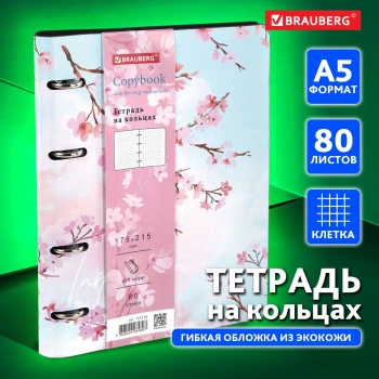 Тетрадь на кольцах Brauberg 112124 80л. клет. A5 экокожа кольца