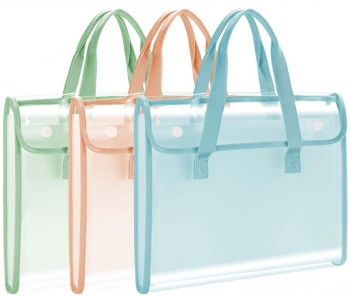 Папка-портфель Deli PM308BLUE на кнопке 7 отдел. A4 с окантовкой пвх прозрачный/голубой