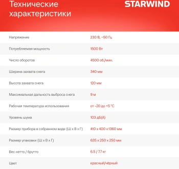 Снегоуборщик электр. Starwind EST-1500