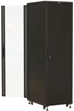 Шкаф серверный Hyperline (TTBR-4261-AS-RAL9004) напольный 42U 600x1000мм пер.дв.стекл задн.дв.спл.стал.лист 2 бок.пан. 800кг черный 910мм 128.2кг 2055мм IP20 сталь