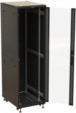 Шкаф серверный Hyperline (TTBR-4261-AS-RAL9004) напольный 42U 600x1000мм пер.дв.стекл задн.дв.спл.стал.лист 2 бок.пан. 800кг черный 910мм 128.2кг 2055мм IP20 сталь