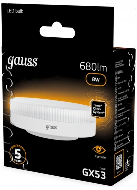 Лампа светодиодная Gauss 8Вт цок.:GX53 таблетка 220B св.свеч.бел.теп. Tablet (упак.:10шт) (108008108)