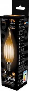 Лампа филам. Gauss Filament 11Вт цок.:E14 свеча 220B св.свеч.бел.теп. CF35 (упак.:10шт) (104801111)