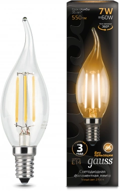 Лампа светодиодная Gauss Filament 7Вт цок.:E14 свеча 220B св.свеч.бел.теп. CF35 (упак.:10шт) (104801107)