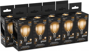 Лампа филам. Gauss Filament 5Вт цок.:E14 свеча 220B св.свеч.бел.теп. (упак.:10шт) (105801105)