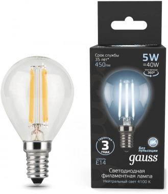 Лампа филам. Gauss Filament 5Вт цок.:E14 свеча 220B св.свеч.бел.нейт. (упак.:10шт) (105801205)