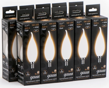 Лампа филам. Gauss Filament 5Вт цок.:E14 свеча 220B св.свеч.бел.теп. (упак.:10шт) (104201105)