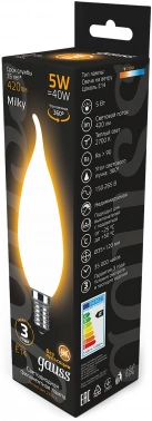 Лампа филам. Gauss Filament 5Вт цок.:E14 свеча 220B св.свеч.бел.теп. (упак.:10шт) (104201105)