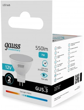 Лампа светодиодная Gauss Elementary 7Вт цок.:GU5.3 софит 12B св.свеч.бел.нейт. (упак.:10шт) (11527)