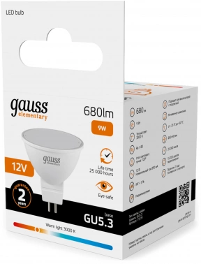 Лампа светодиодная Gauss Elementary 9Вт цок.:GU5.3 софит 12B св.свеч.теп.св./дневн. (упак.:10шт) (11519)
