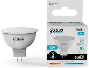 Лампа светодиодная Gauss Elementary 9Вт цок.:GU5.3 софит 12B св.свеч.бел.нейт. (упак.:10шт) (11529)