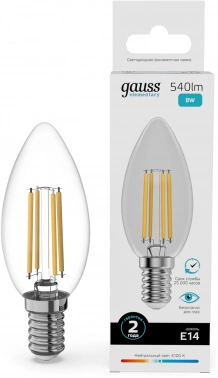 Лампа филам. Gauss Filament 8Вт цок.:E14 свеча 220B св.свеч.бел.нейт. (упак.:10шт) (32128)