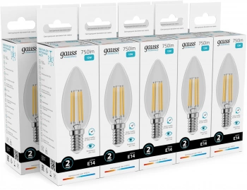 Лампа филам. Gauss Filament 12Вт цок.:E14 свеча 220B св.свеч.бел.нейт. (упак.:10шт) (32122)