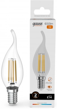Лампа филам. Gauss Filament 10Вт цок.:E14 свеча 220B св.свеч.бел.теп. (упак.:10шт) (42110)