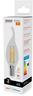 Лампа филам. Gauss Filament 10Вт цок.:E14 свеча 220B св.свеч.бел.теп. (упак.:10шт) (42110)