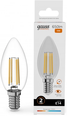 Лампа филам. Gauss Filament 10Вт цок.:E14 свеча 220B св.свеч.бел.теп. (упак.:10шт) (32110)