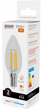 Лампа филам. Gauss Filament 10Вт цок.:E14 свеча 220B св.свеч.бел.теп. (упак.:10шт) (32110)