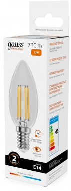 Лампа филам. Gauss Filament 12Вт цок.:E14 свеча 220B св.свеч.бел.теп. (упак.:10шт) (32112)