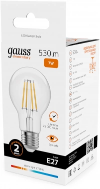 Лампа филам. Gauss Filament 7Вт цок.:E27 груша 220B св.свеч.бел.теп. (упак.:10шт) (22217)