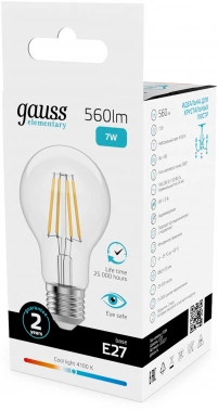 Лампа филам. Gauss Filament 7Вт цок.:E27 груша 220B св.свеч.бел.нейт. (упак.:10шт) (22227)