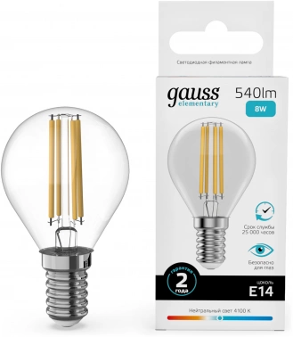 Лампа филам. Gauss Filament 8Вт цок.:E14 шар 220B св.свеч.бел.нейт. (упак.:10шт) (52128)
