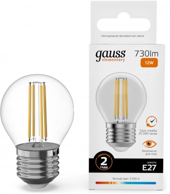 Лампа филам. Gauss Filament 12Вт цок.:E27 шар 220B св.свеч.бел.теп. (упак.:10шт) (52212)