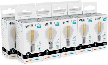 Лампа филам. Gauss Filament 10Вт цок.:E14 шар 220B св.свеч.бел.нейт. (упак.:10шт) (52120)