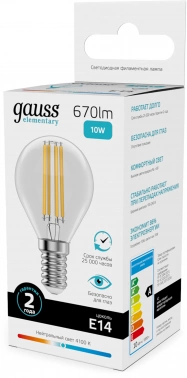Лампа филам. Gauss Filament 10Вт цок.:E14 шар 220B св.свеч.бел.нейт. (упак.:10шт) (52120)