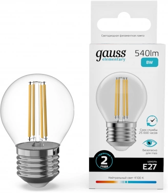 Лампа филам. Gauss Filament 8Вт цок.:E27 шар 220B св.свеч.бел.нейт. (упак.:10шт) (52228)
