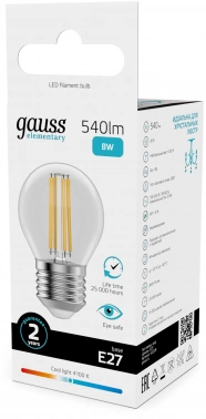 Лампа филам. Gauss Filament 8Вт цок.:E27 шар 220B св.свеч.бел.нейт. (упак.:10шт) (52228)