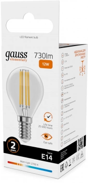 Лампа филам. Gauss Filament 12Вт цок.:E14 шар 220B св.свеч.бел.теп. (упак.:10шт) (52112)