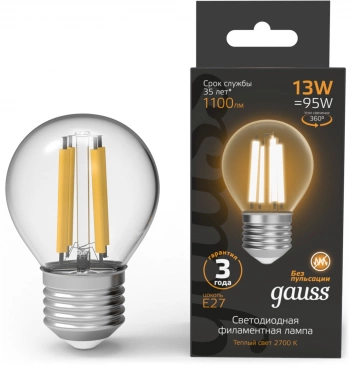 Лампа филам. Gauss Filament 13Вт цок.:E27 шар 220B св.свеч.бел.теп. (упак.:10шт) (105802113)