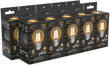 Лампа филам. Gauss Filament 13Вт цок.:E27 шар 220B св.свеч.бел.теп. (упак.:10шт) (105802113)
